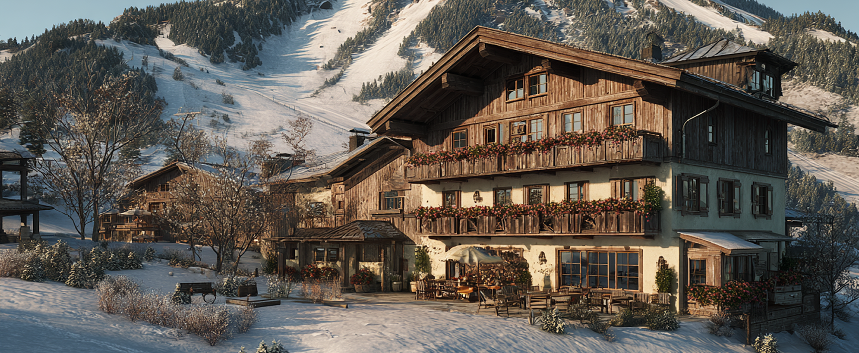 Ein traditionelles Holzhaus steht in einer verschneiten Berglandschaft